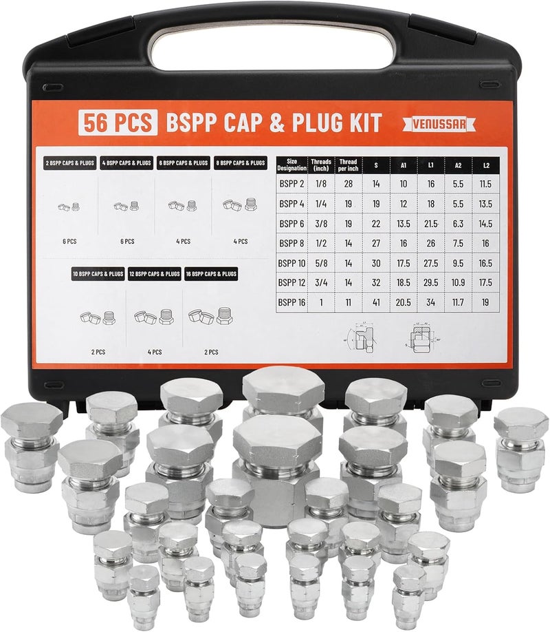 Venussar 56 Pcs BSPP Cap and Plug Kit, Hydraulic Cap and Plug Kit with Precision Threading, Galvanized Steel Hydraulic Fitting Adapter Kit, Dash Sizes 02/04/06/08/10/12/16 - Image 1